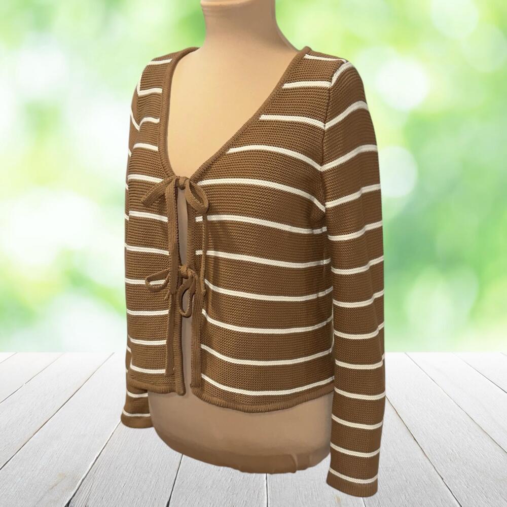 MIOU MUSE Tie Front Cardigan Sweater Striped Chunky Knit Brown 100% Cotton Sz S